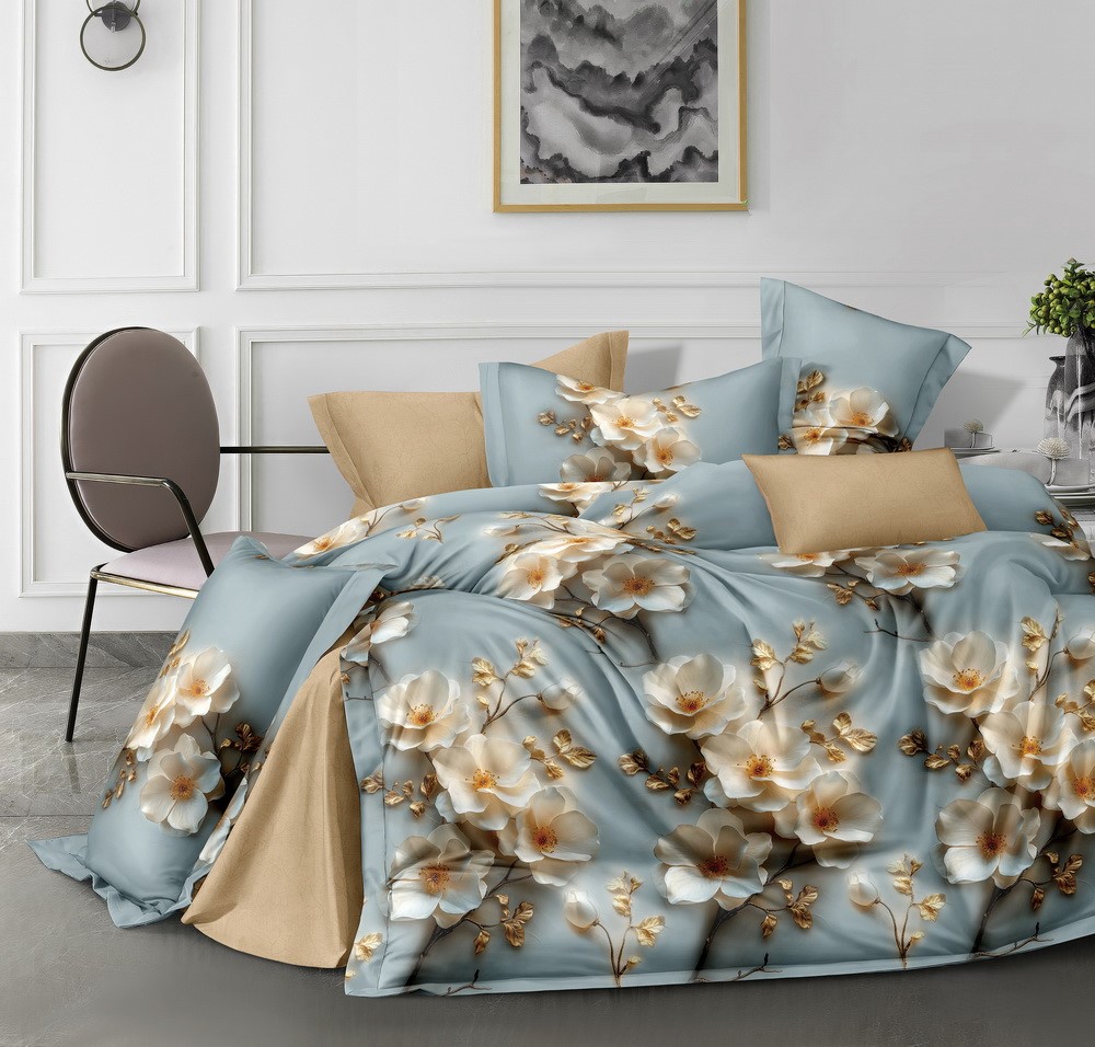 КПБ  сатин Темно-синяя коллекция с простыней на резинке (160*200*25) Стандарт Реноме<St-2437> 