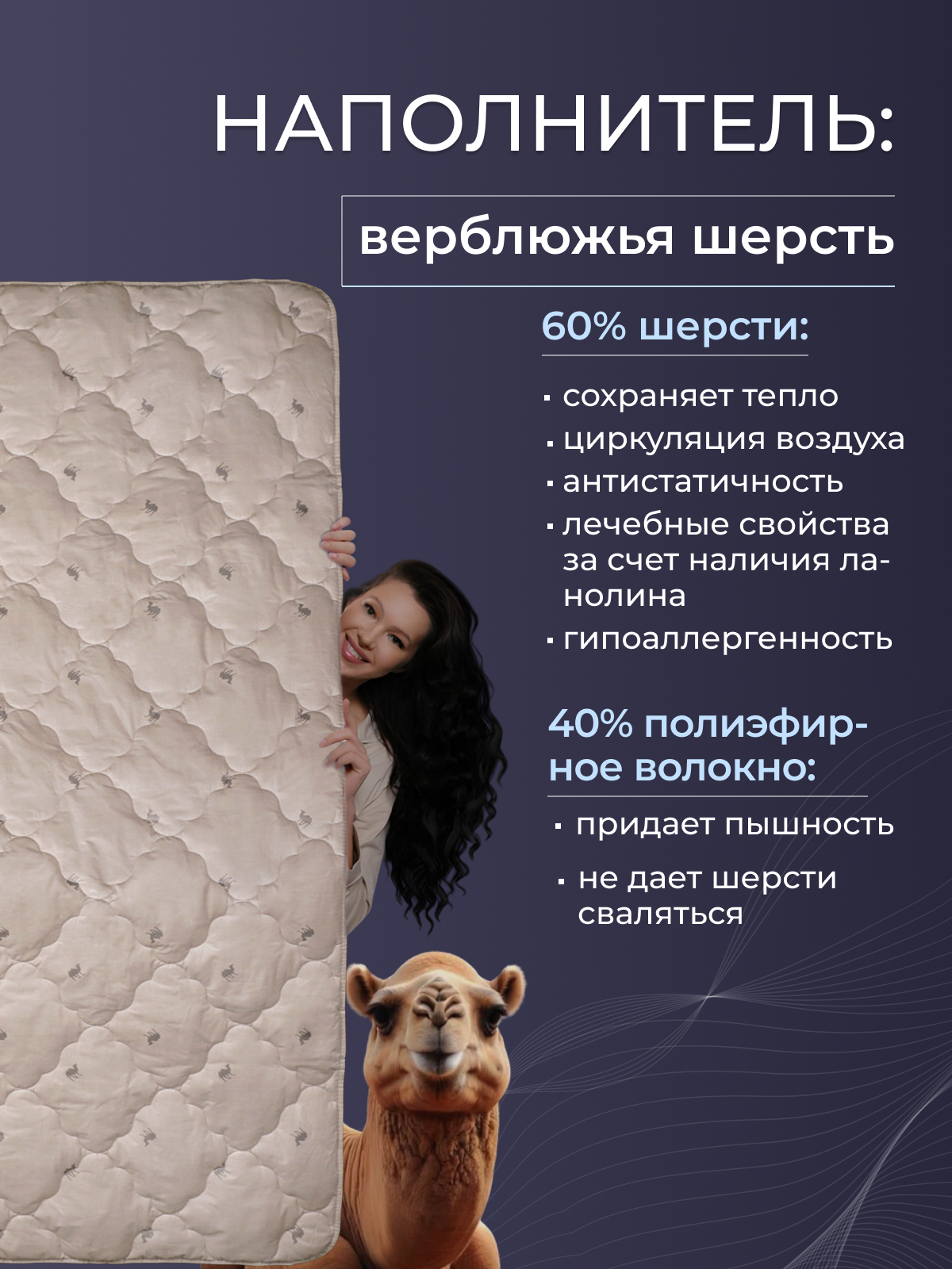 Одеяло верблюжья шерсть  тик  Реноме