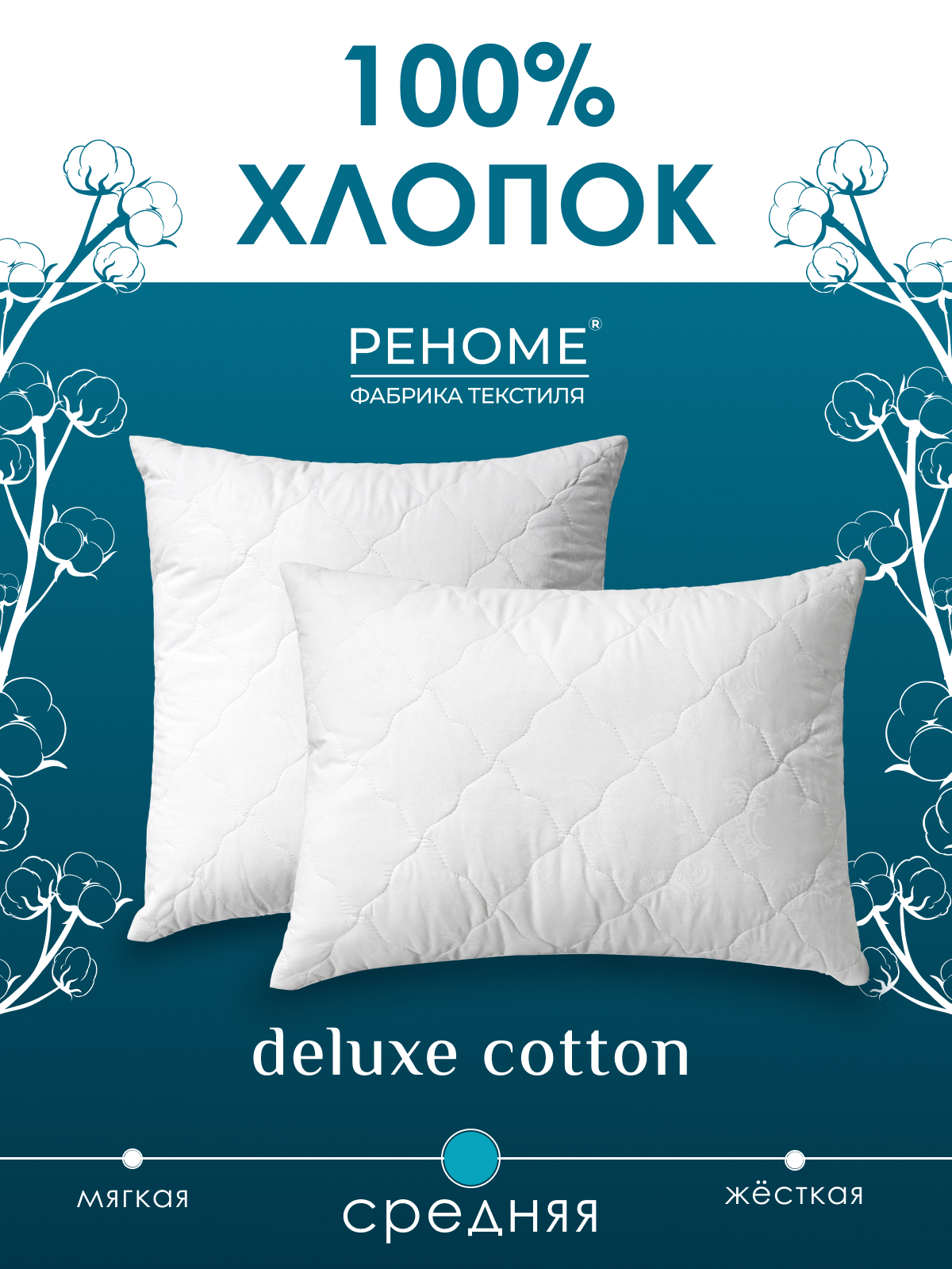 Подушка хлопок, заменитель лебяжьего пуха тк поплин ДВОЙНОЙ ЧЕХОЛ Реноме