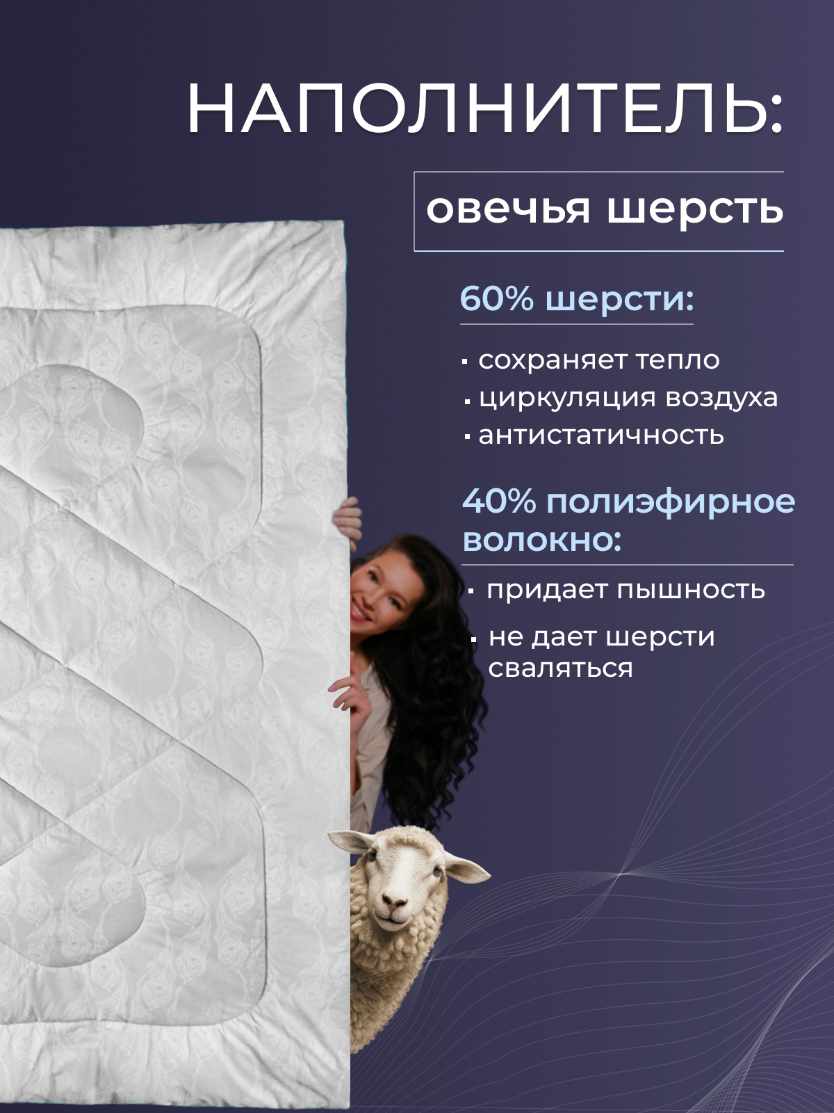 Одеяло овечья шерсть  поплин Реноме