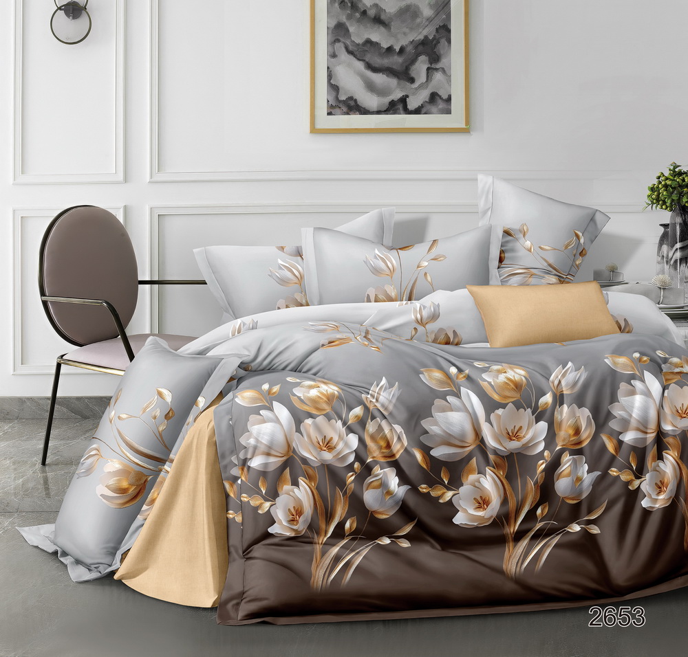 КПБ  сатин Темно-синяя коллекция с простыней на резинке (160*200*25) Стандарт Реноме<St-2653> 