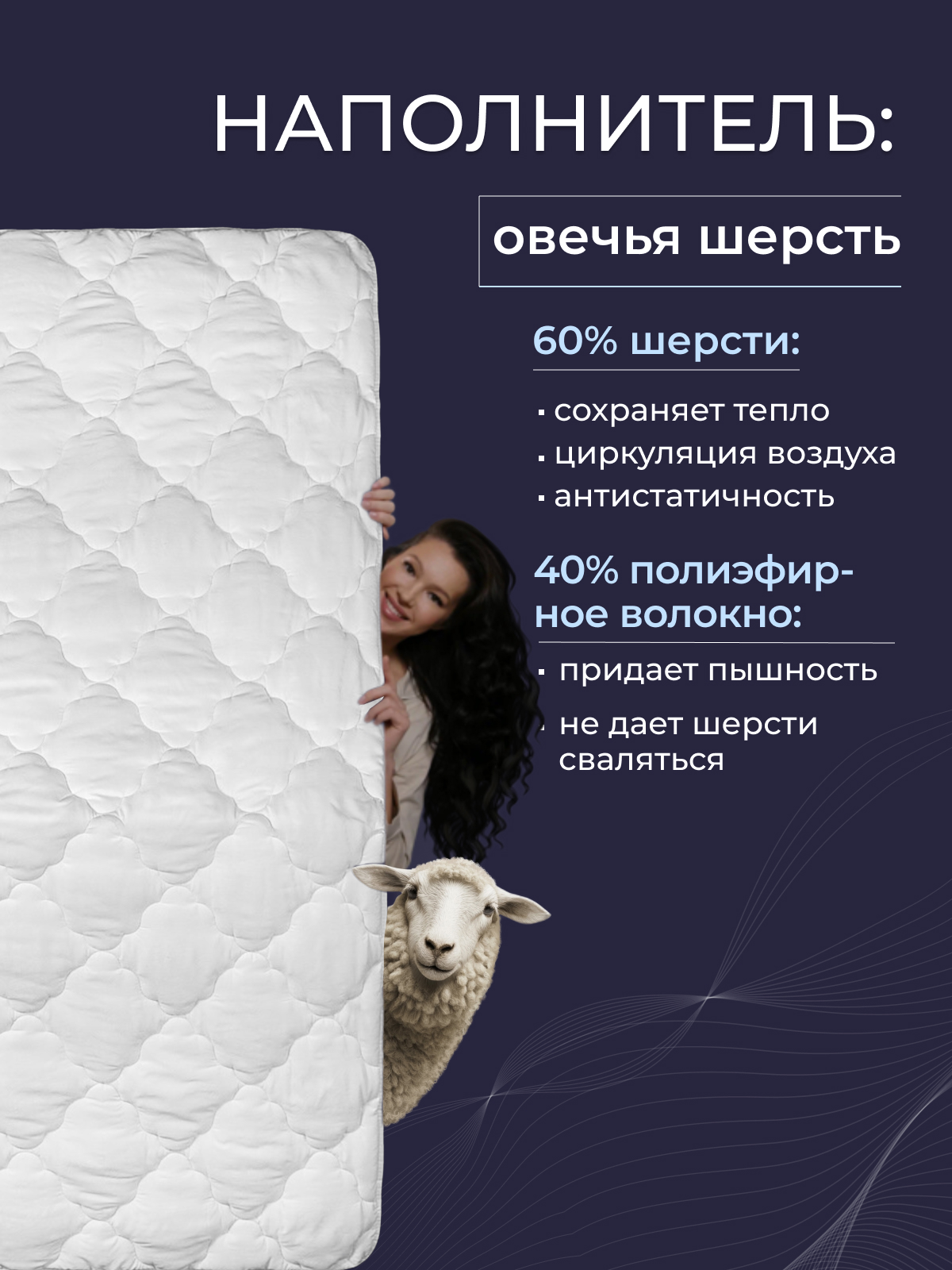 Одеяло овечья шерсть  микрофибра Реноме